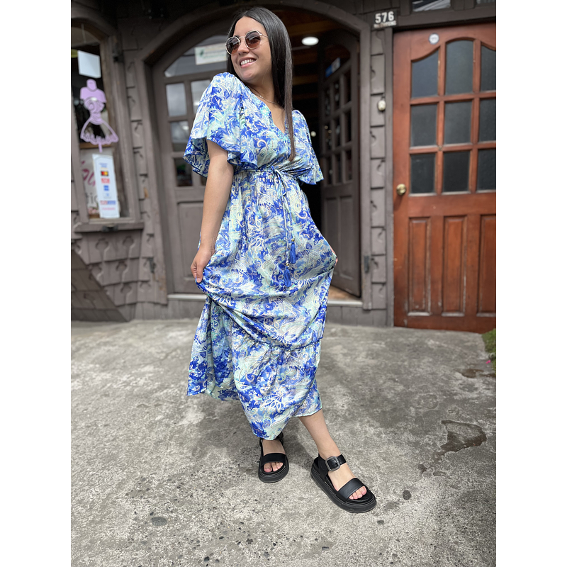 Maxi vestido India seda gold verde y azul manga mariposa