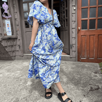 Maxi vestido India seda gold verde y azul manga mariposa