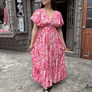 Maxi vestido India seda gold fucsia coral manga mariposa 