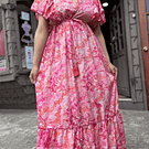 Maxi vestido India seda gold fucsia coral manga mariposa 