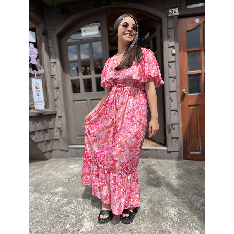 Maxi vestido India seda gold fucsia coral manga mariposa 