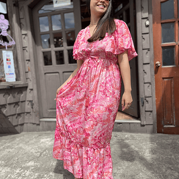 Maxi vestido India seda gold fucsia coral manga mariposa 