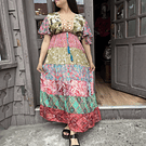 Maxi vestido India seda patchwork naranjo rosado manga mariposa