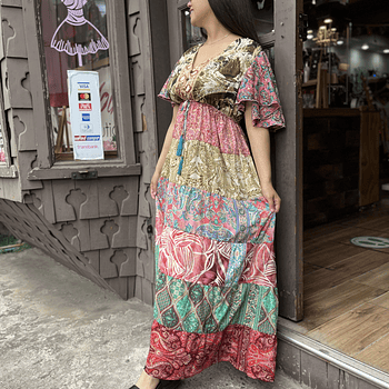 Maxi vestido India seda patchwork naranjo rosado manga mariposa
