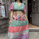 Maxi vestido India seda patchwork verde mag manga mariposa