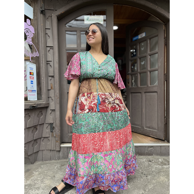 Maxi vestido India seda patchwork verde mag manga mariposa