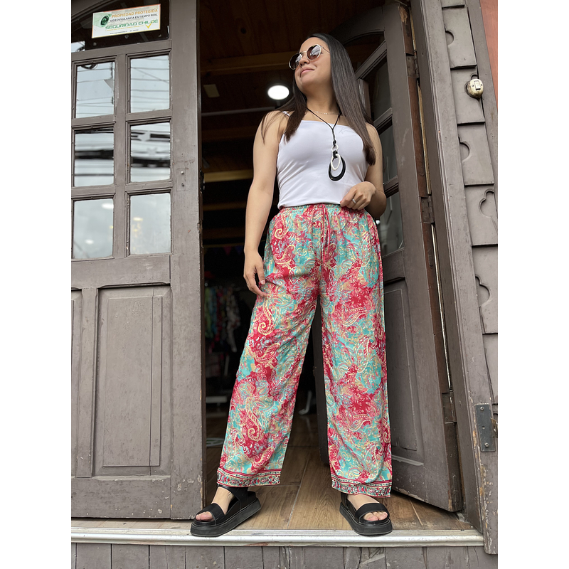 Pantalon India seda recto turquesa rojo cintura elasticada