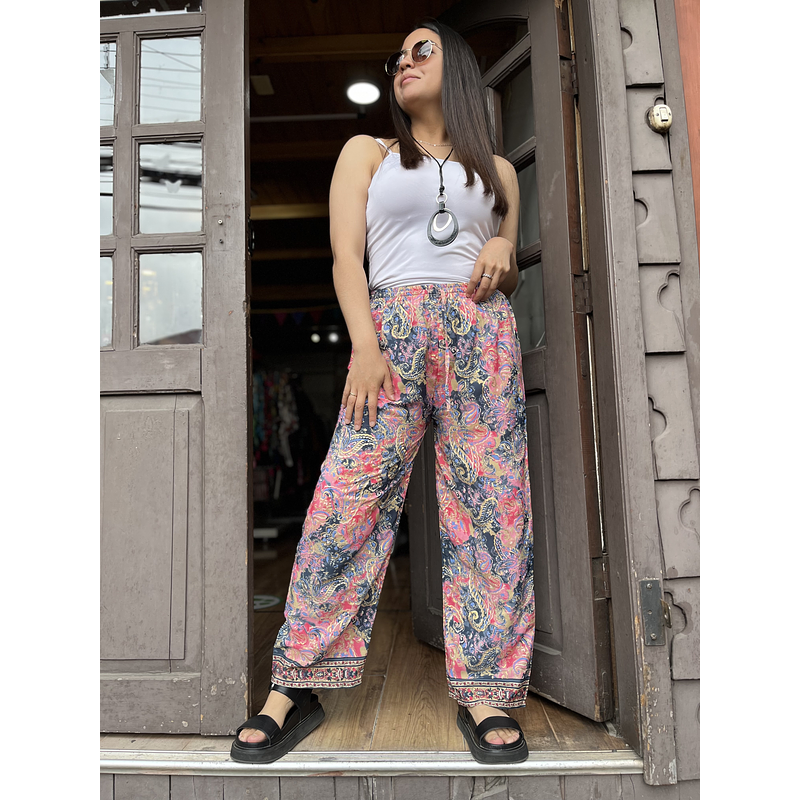 Pantalon India seda recto azul coral cintura elasticada