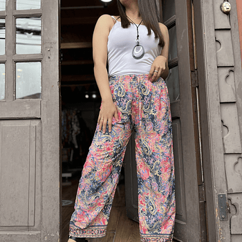 Pantalon India seda recto azul coral cintura elasticada