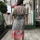 Maxi vestido India seda patchwork verde fucsia manga mariposa