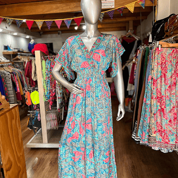 Maxi vestido India seda gold turquesa rosado cintura elasticada