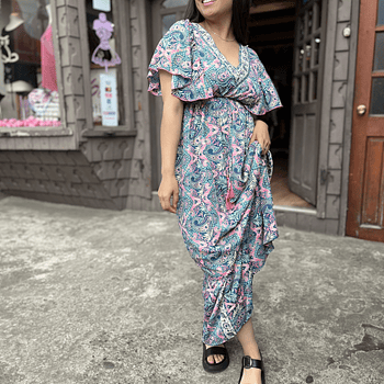 Maxi vestido India seda gold verde fucsia manga mariposa