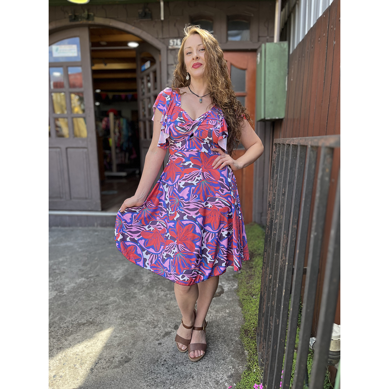 Vestido lycra escote corazon print flor rojo azul manga vuelito