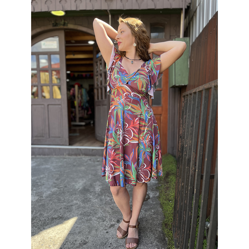 Vestido lycra escote corazon cafe multicolor manga vuelito