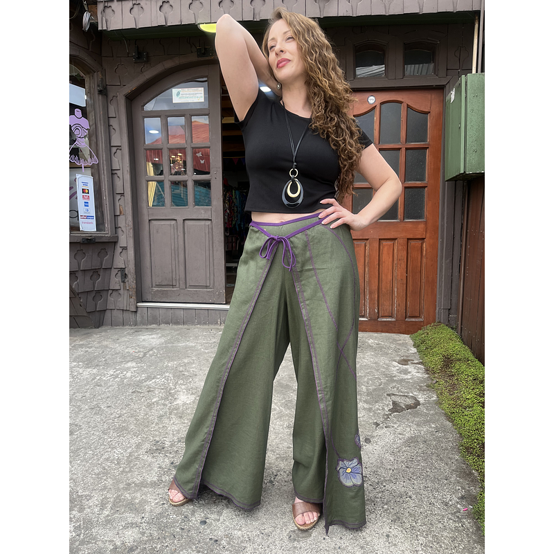 Pantalon kisu pareo lino verde musgo morado
