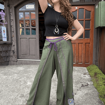 Pantalon kisu pareo lino verde musgo morado