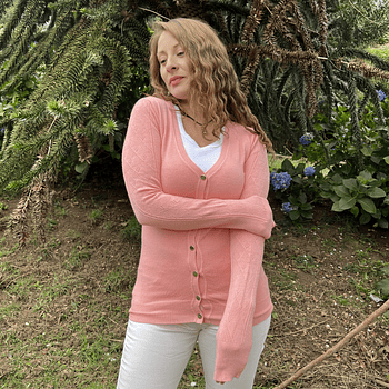 Cardigan spandex coral con botones dorados