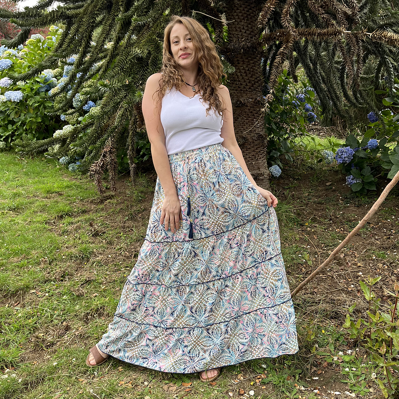 Maxi falda India seda gold blanco azul rosado