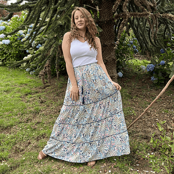 Maxi falda India seda gold blanco azul rosado