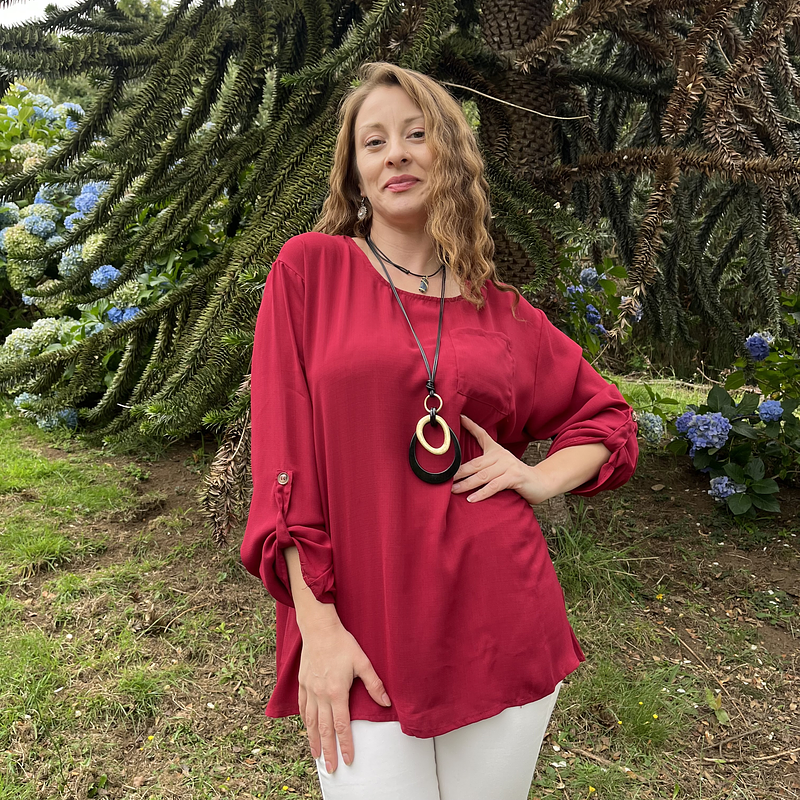 Blusa gasa rojo italiano botones espalda manga roll up