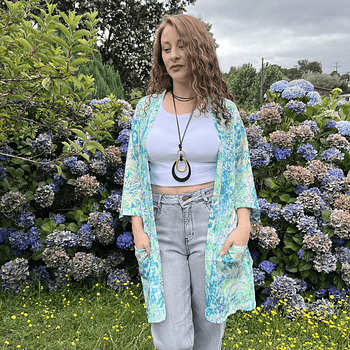 Kimono India seda con lazo y bolsillos turquesa verdes