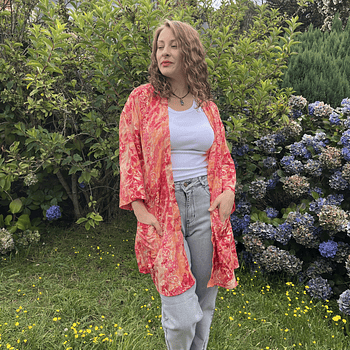 Kimono India seda con lazo y bolsillos naranjo rojo