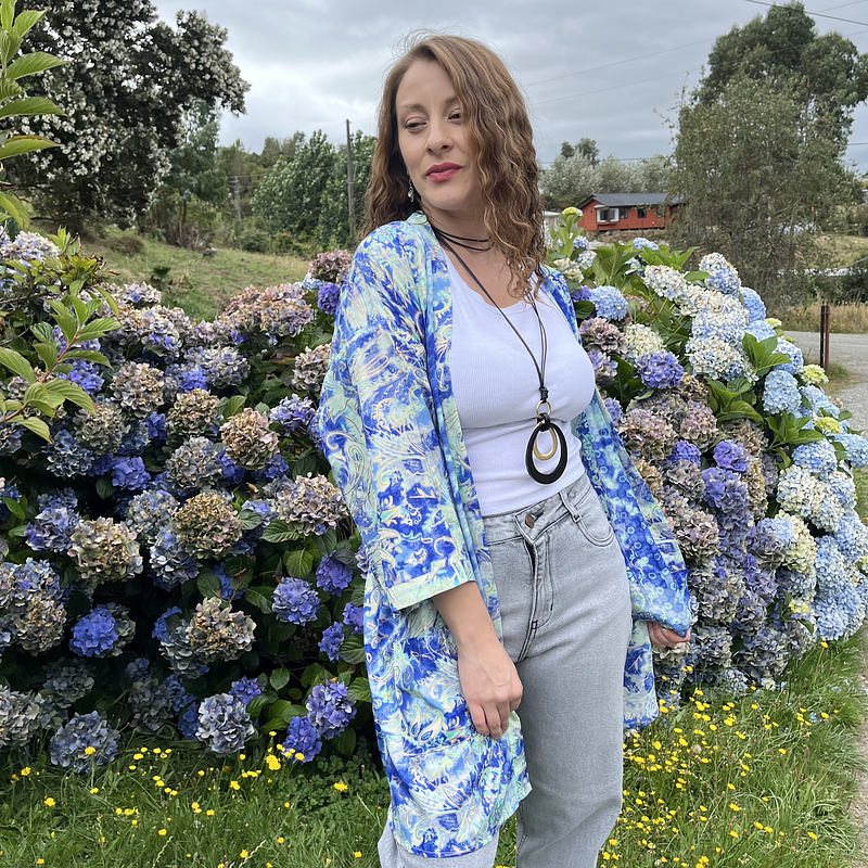 Kimono India seda con lazo y bolsillos azul verde agua