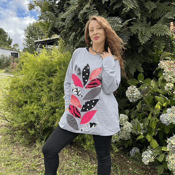 Poleron Ultravioleta Elisa algodon gris melange hojas negro lunares 