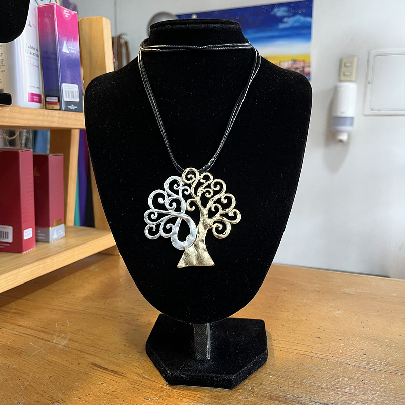 Collar arbol de la vida fusion dorado y plateado cordon de cuero con extension