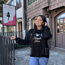 Poleron Simple Love negro foil plata con capucha malla