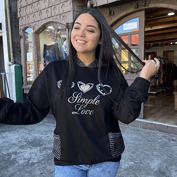 Poleron Simple Love negro foil plata con capucha malla