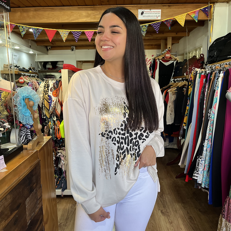 Poleron estrella beige print foil dorado 