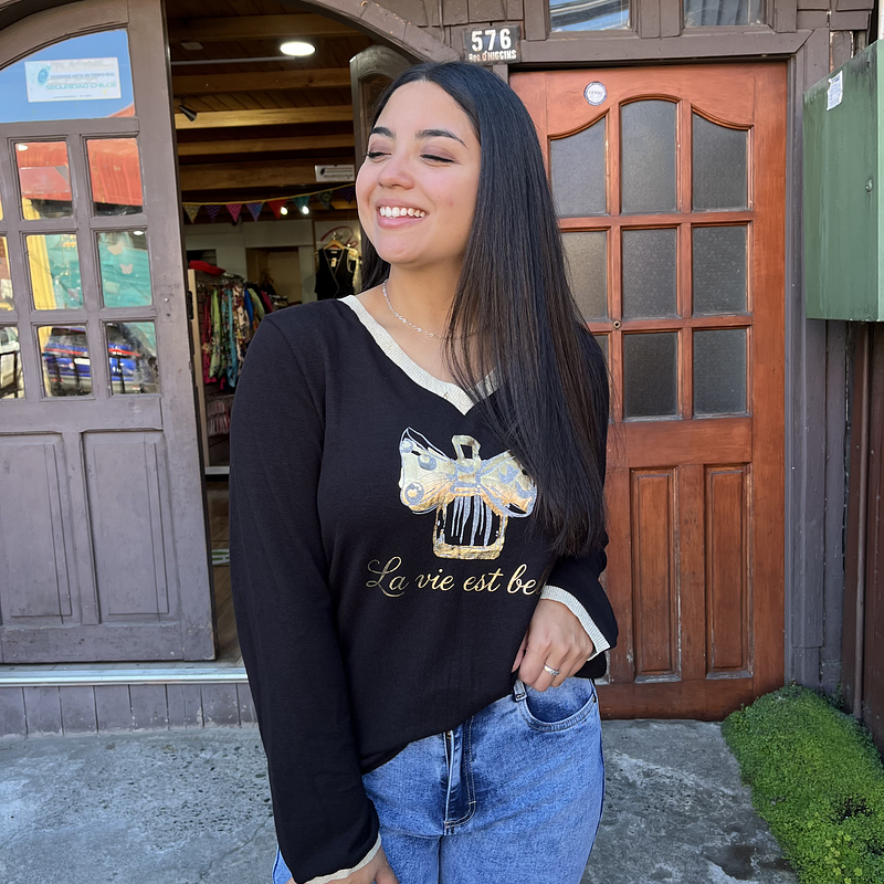 Sueter la vie est belle negro algodon 