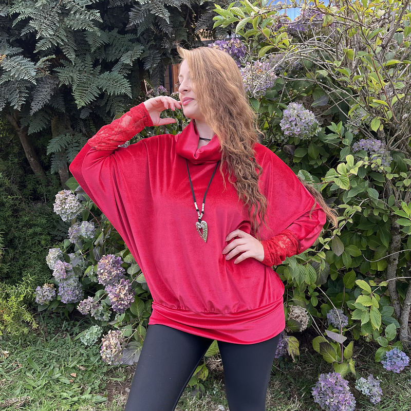 Poleron murcielago cuello velvet rojo encaje