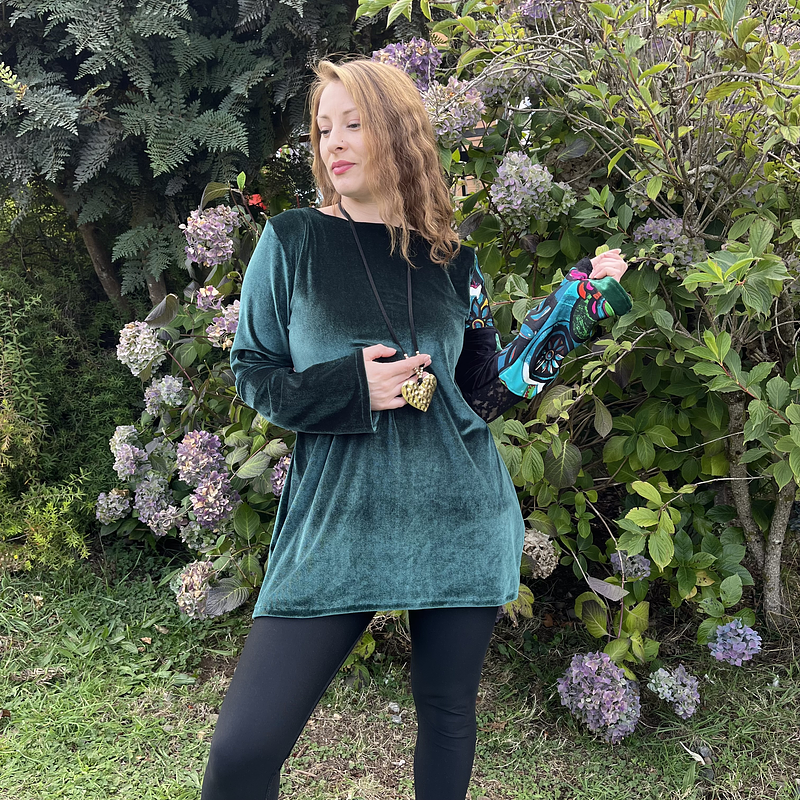 Poleron Sandra velvet verde patchwork manga 