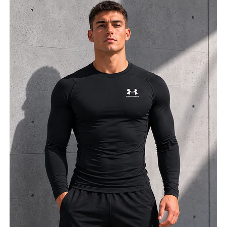 Polera Manga Larga Under Armour HeatGear Hombre Negra – Primera Capa Deportiva de Alto Rendimiento y Control de Temperatura