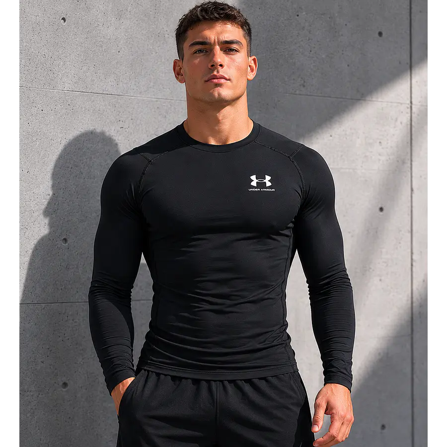 Polera Manga Larga Under Armour HeatGear Hombre Negra – Primera Capa Deportiva de Alto Rendimiento y Control de Temperatura