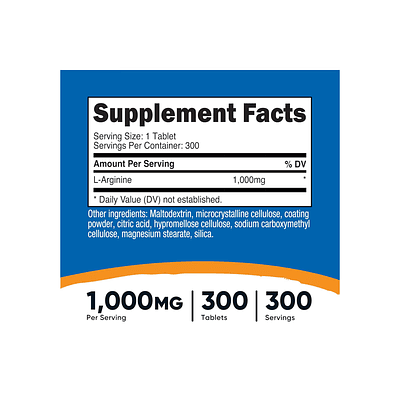 L-Arginina 1000 mg por servicio - 300 Tabletas (PARA IMPORTAR)