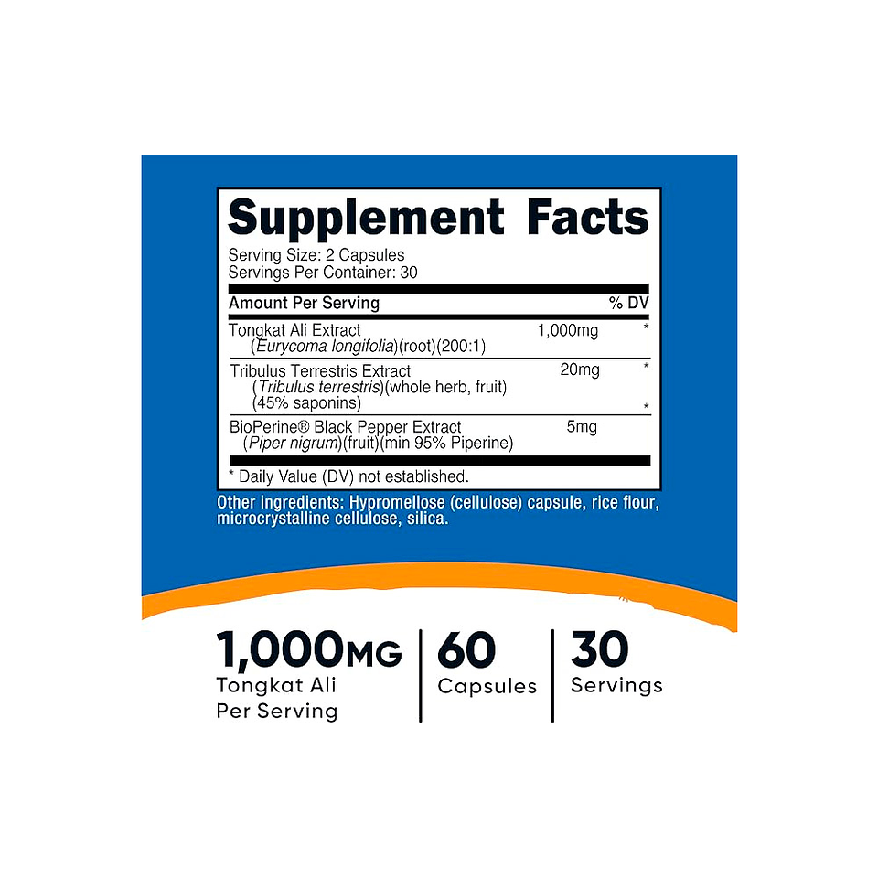 Tongkat Ali (con Tribulus y bioperine), 1000 mg por servicio - 60 cápsulas (PARA IMPORTAR) 2