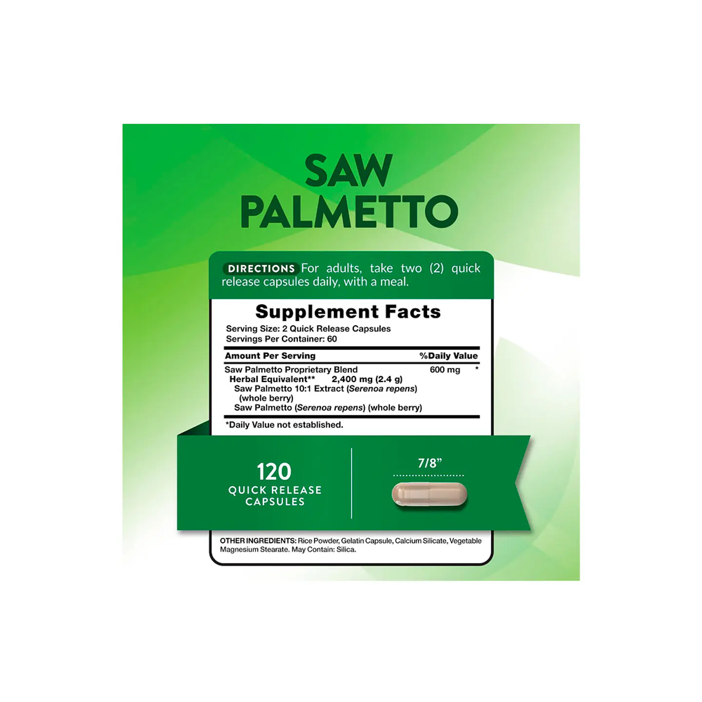 Saw Palmetto, 2400 mg por servicio (2 caps) - 120 cápsulas de liberación rápida (PARA IMPORTAR) 2