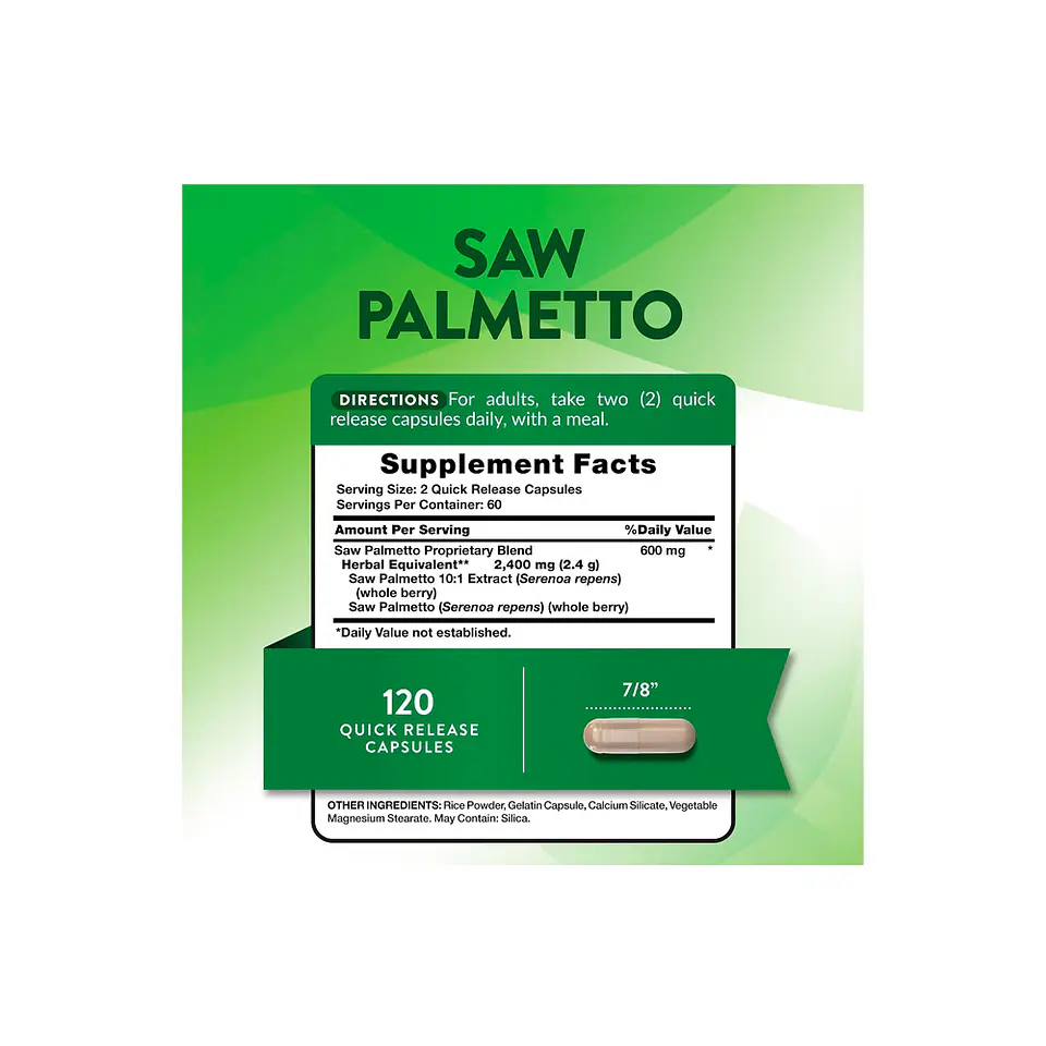 Saw Palmetto, 2400 mg por servicio (2 caps) - 120 cápsulas de liberación rápida (PARA IMPORTAR) 2