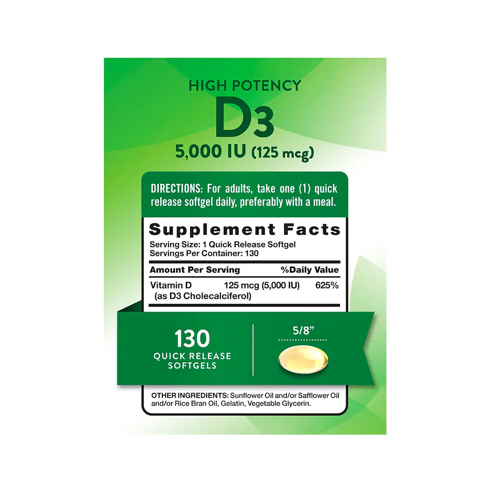 Vitamina D3, 5000 IU - 130 cápsulas blandas (PARA IMPORTAR) 2