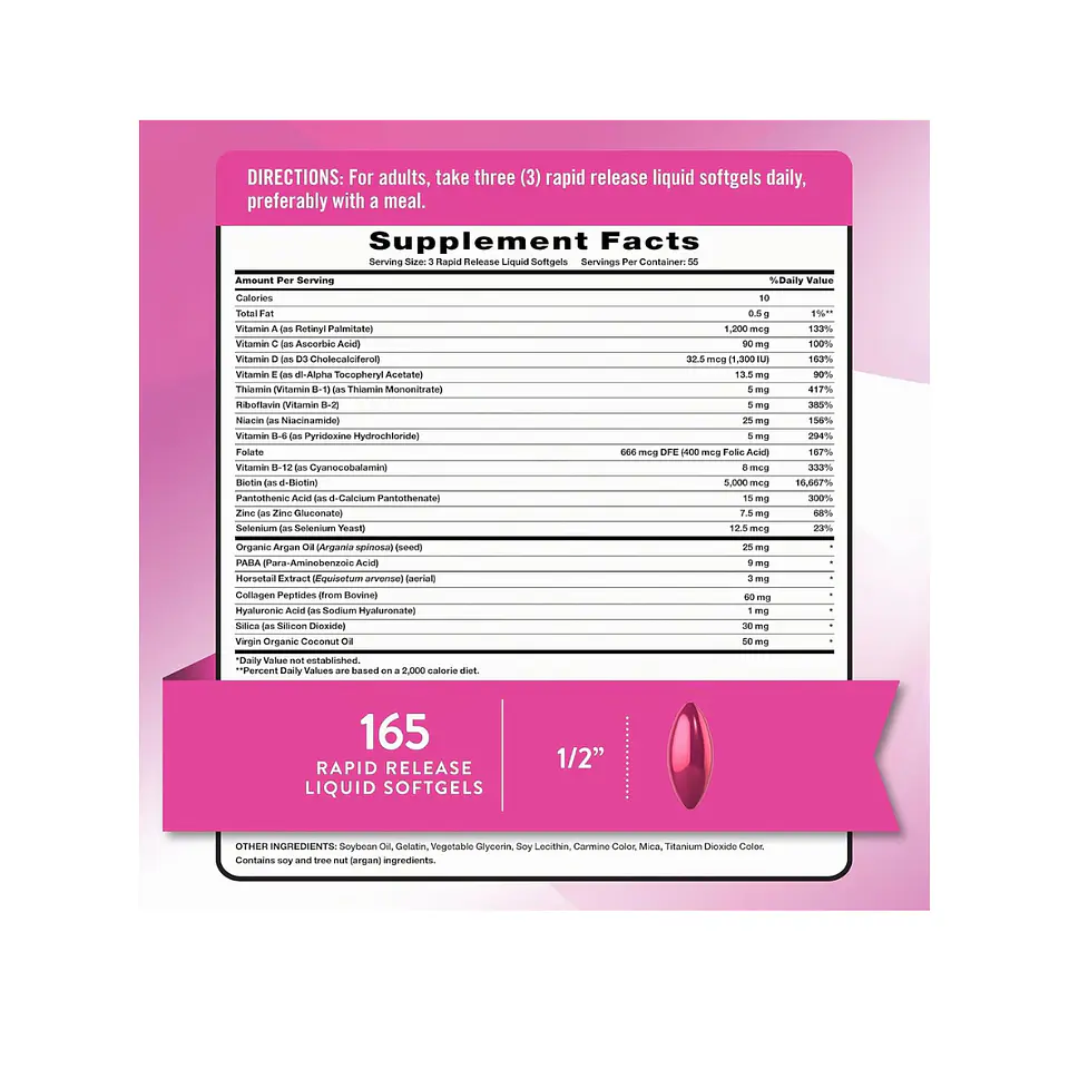 Hair, Skin & Nails + 5000 mcg Biotina por servicio -  165 cápsulas blandas 2