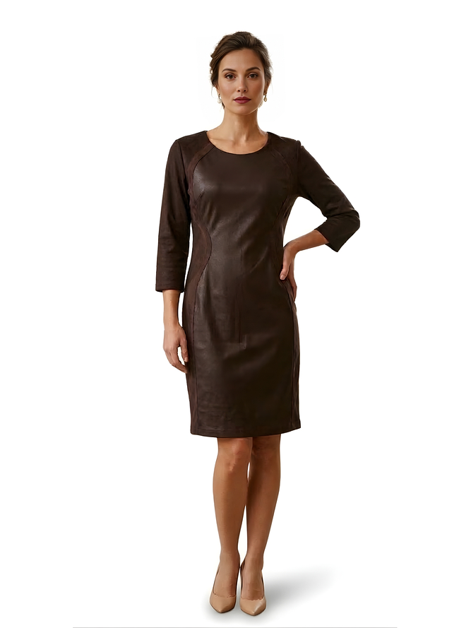 Vestido Gamuza y Cuerina Café 1