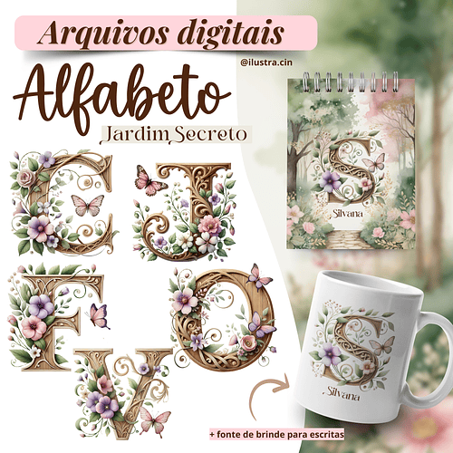 Kit Digital Alfabeto Floral Jardim Secreto - Ilustracin