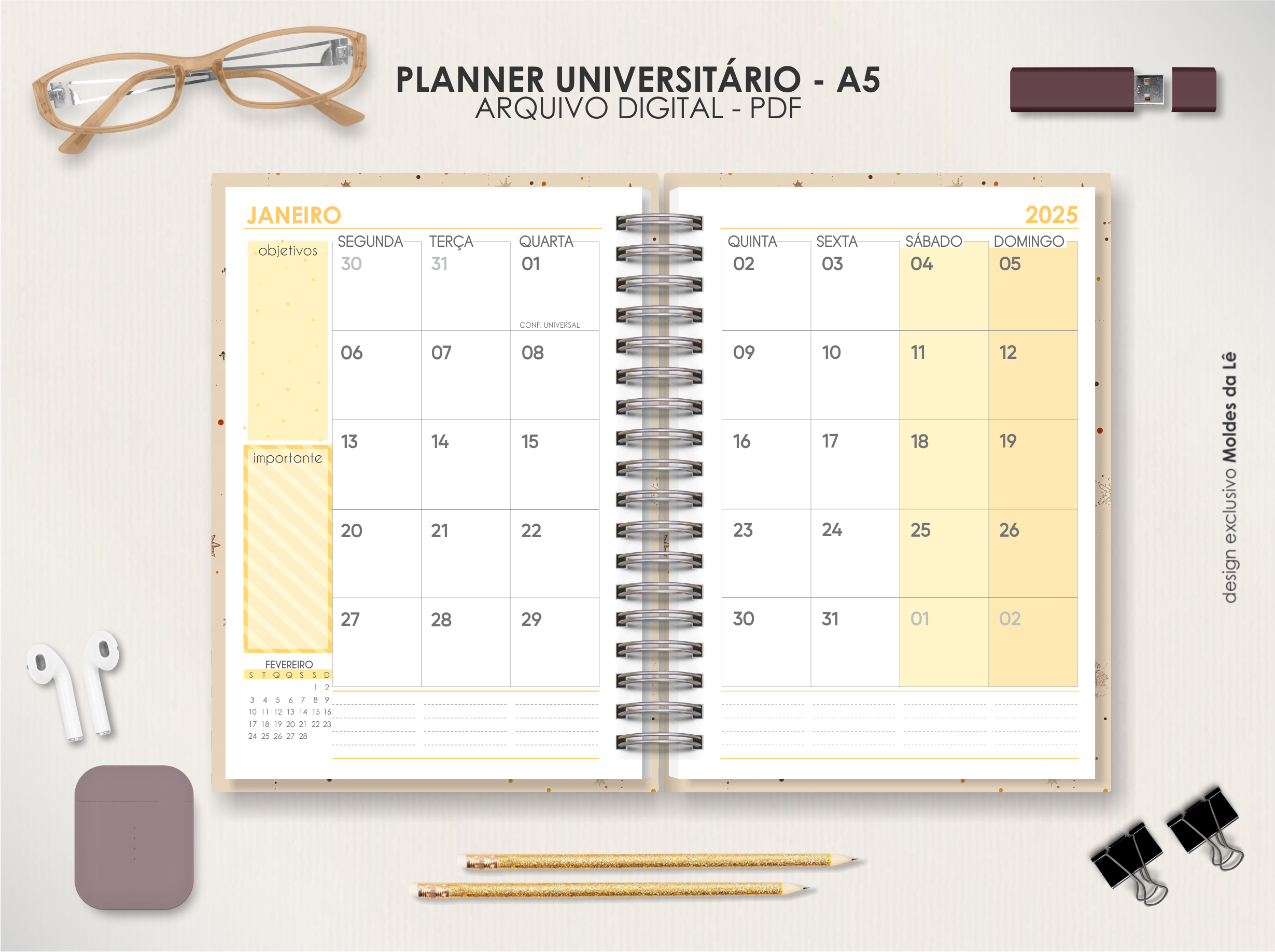 Arquivo Coleção Mística Planner Universitario A5 vertical Datado 2025 - Moldes da Le 7