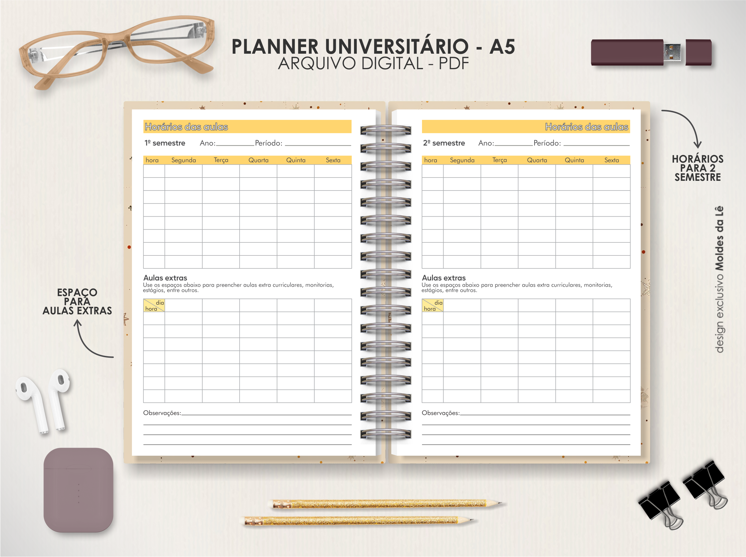 Arquivo coleção mística planner universitario A5 horizontal Datado 2025 - Moldes da Le 10