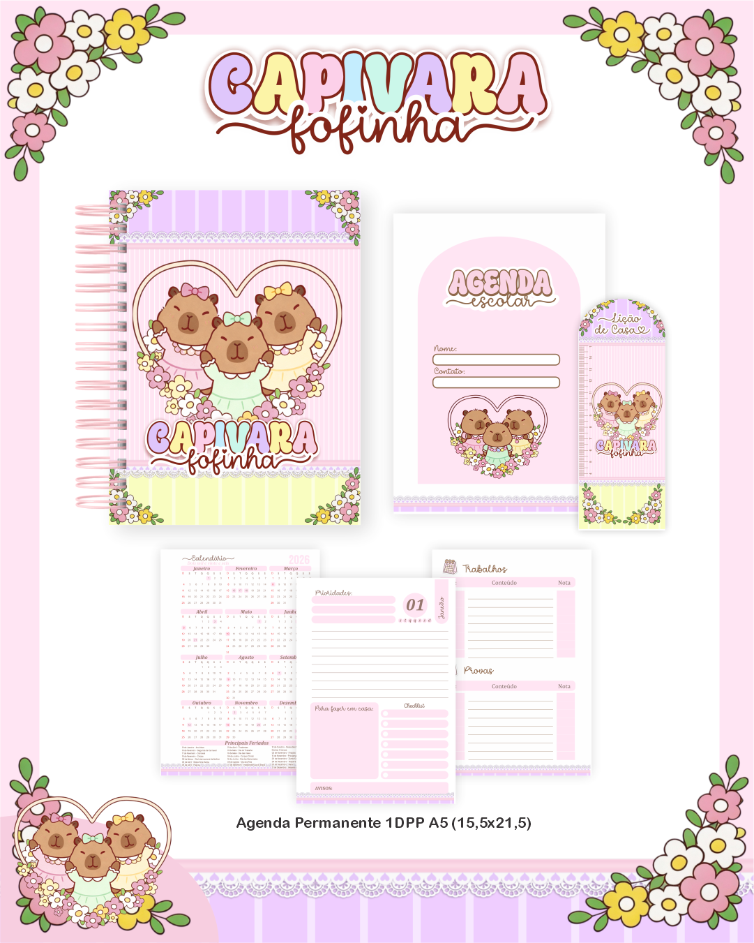 Arquivo Encadernação Escolar 2026 Capivaras Fofinhas 3