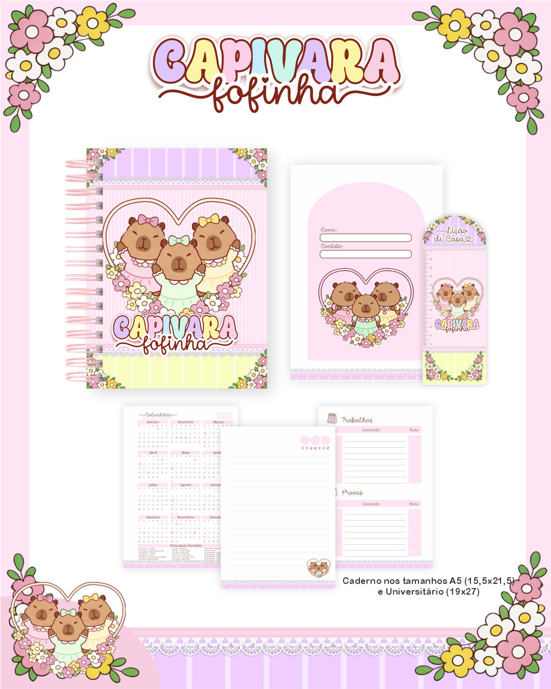 Arquivo Encadernação Escolar 2026 Capivaras Fofinhas 5