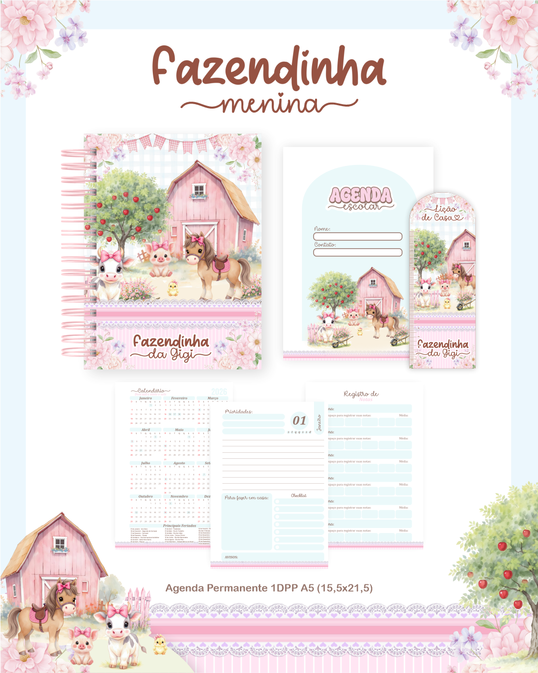 Arquivo Encadernação Escolar 2026 Fazendinha Menina 2